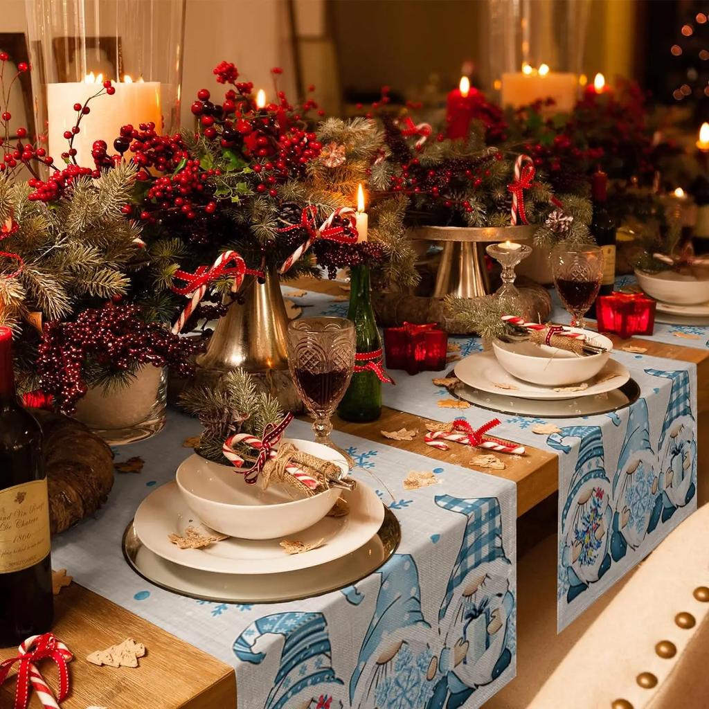 Świąteczne Niebieskie Gnomy Zimowy Płatek Śniegu Lniane Bieżniki na Stół Dekoracja Stołu Wielokrotnego Użytku Świąteczne Bieżniki na Stół Jadalny Dekoracje Navidad