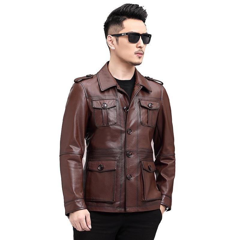 Autumn and Winter New Hunting Suit Genuine Leather Jacket for Men, First-layer Cowhide, Middle-aged Dad's Lapel Jacket