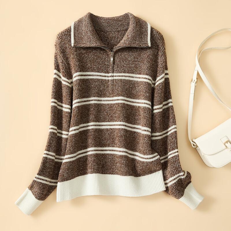 

Women s Striped Half-Zip Polo Collar Wool Blend Sweater M