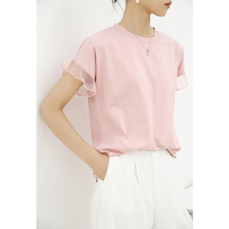 New Summer Mesh Ruffled Round Neck Cotton T-shirt for Women