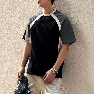 Summer American Style Color Block Raglan Round Neck Short Sleeve T-Shirt Men's Pure Cotton Heavyweight Loose Half Sleeve Top