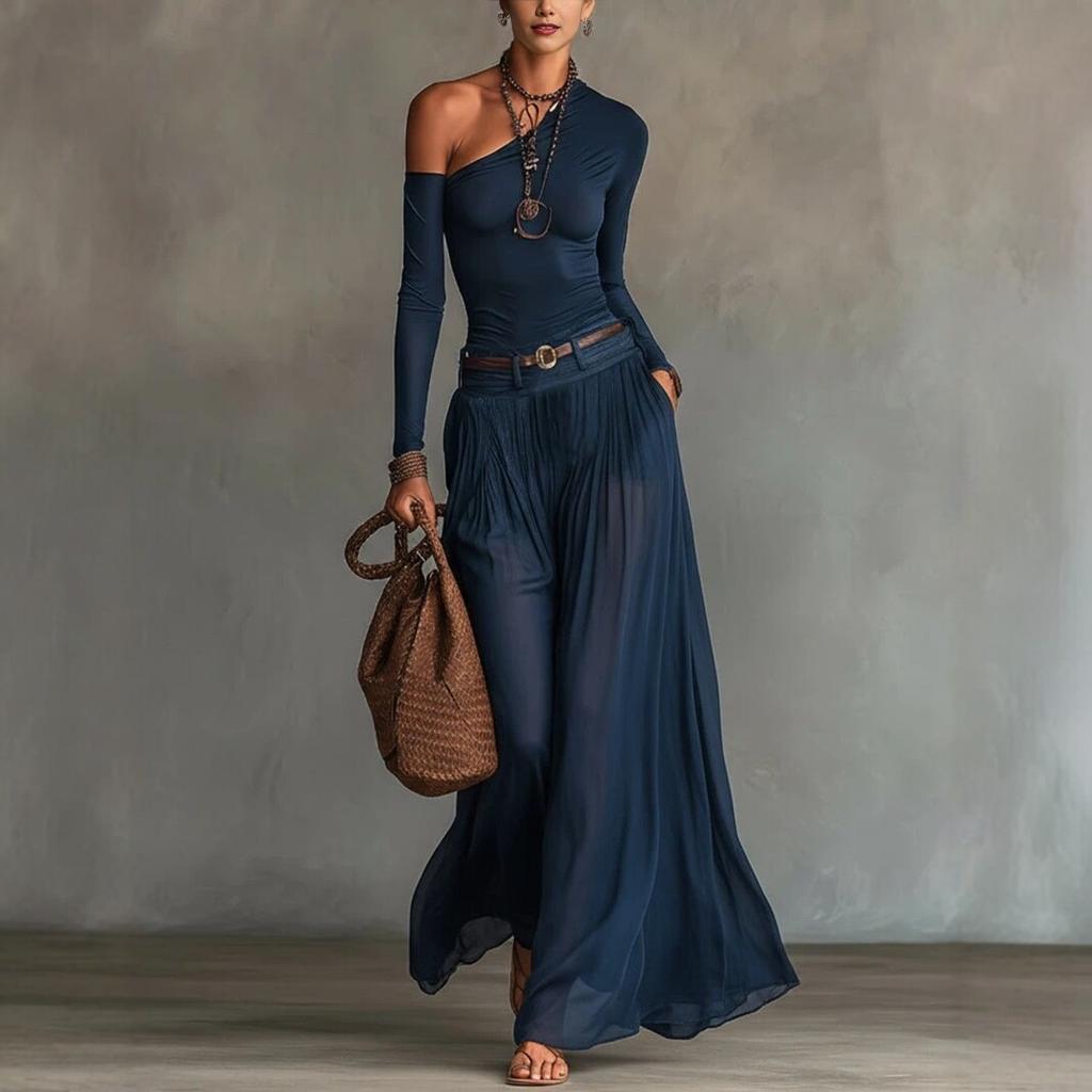 2026 European and American new solid color simple slanted shoulder long sleeve casual suit fashionable and comfortable long dress including belt