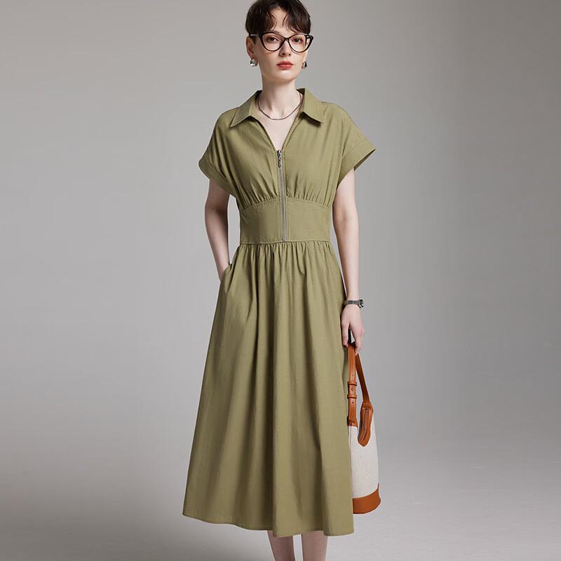 French Style Lapel Zippered Tencel Blend Midi Dress L