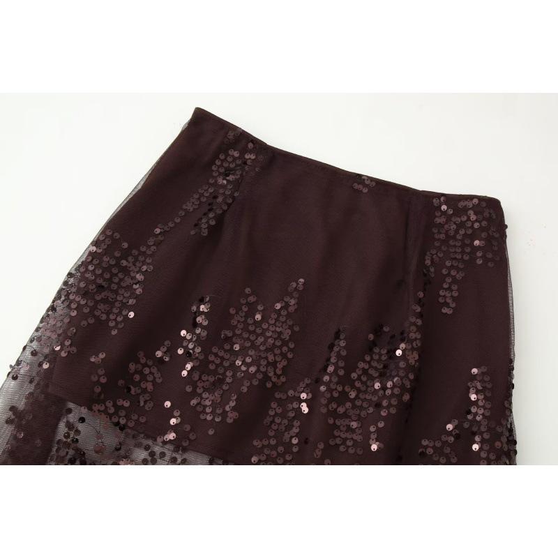 European & American Style 2026 High-Waisted Midi Skirt with Embroidered Sequins and Glitter