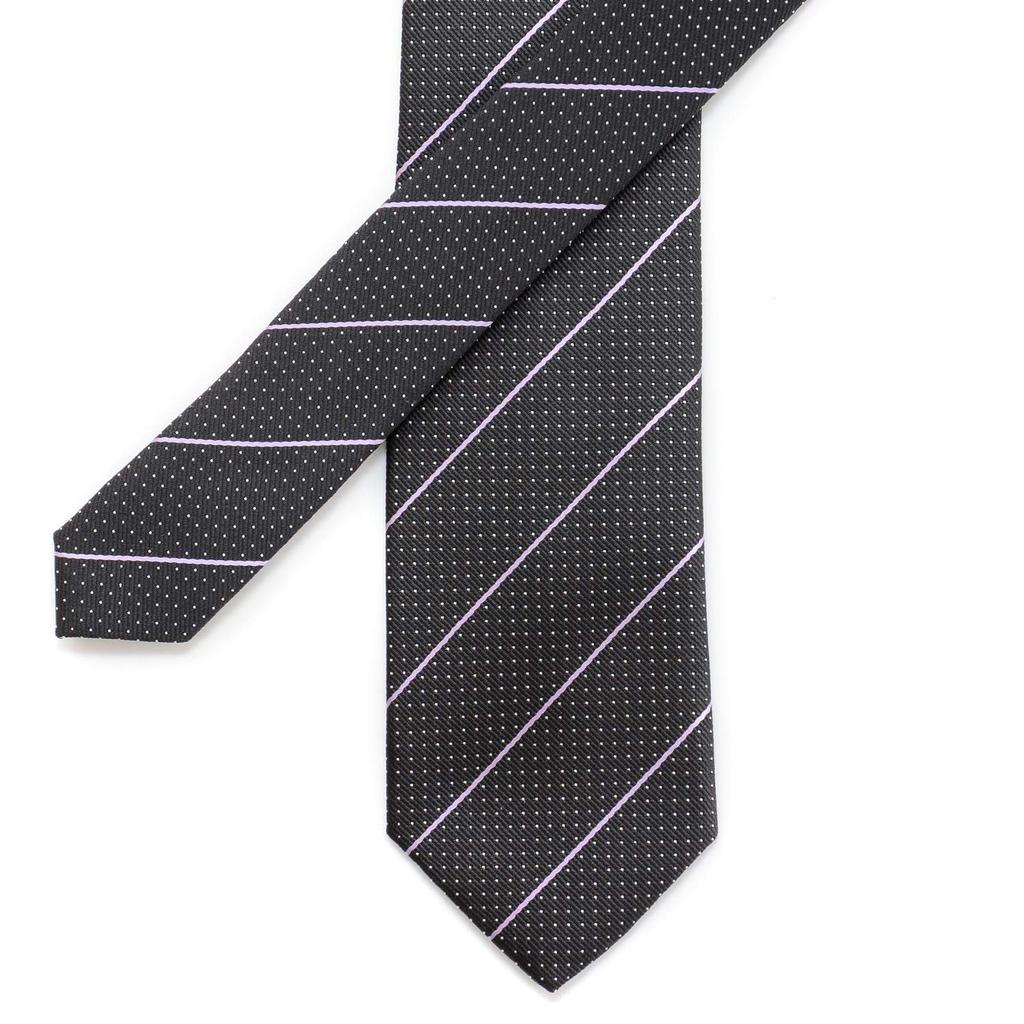MICHIKO LONDON Brand Made in Silk Jacquard Woven Stripe and Pin Dot Pattern Charcoal Necktie, Japan, (Pattern C Gray)