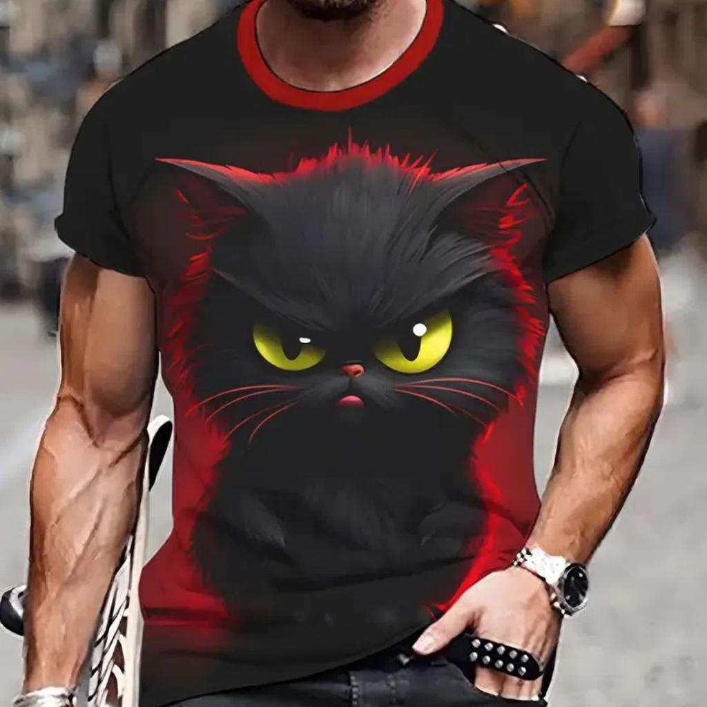 Summer Men's T Shirt Short Sleeve Animal Print Casual O-Neck Oversized Pullover Fashion Streetwear Male Clothing Cat T-Shirts