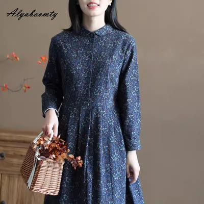 Abito da Donna Mori Girl Giapponese Primavera Autunno Abito in Cotone Stampato con Colletto Peter Pan Manica Lunga Vintage Largo Blu Navy