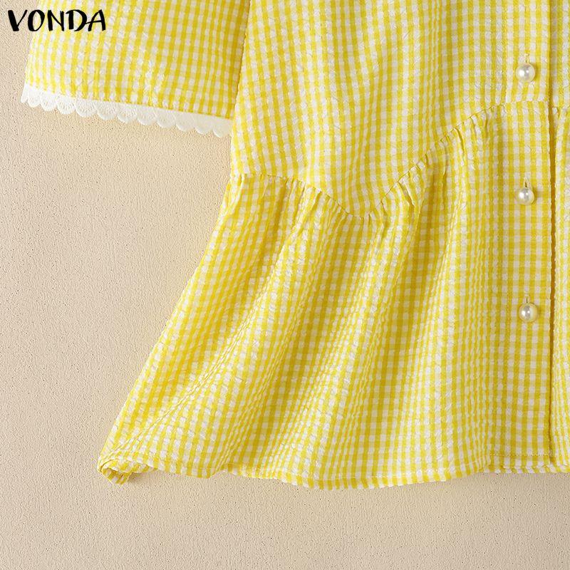 VONDA Zomer Dames Poppenkraag Korte Mouw Geruite Print Casual Blouse Tops