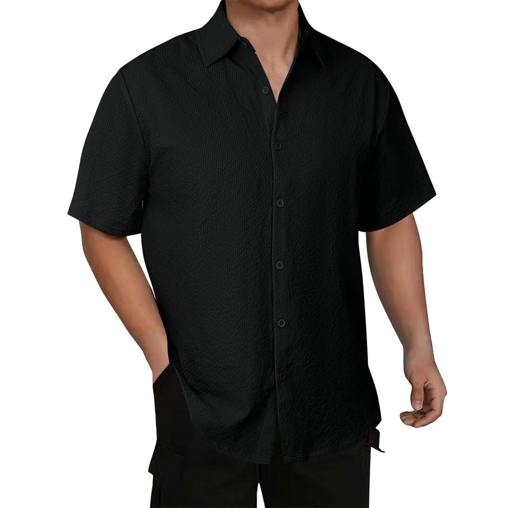 Men's Solid Color Ice Silk Fabric Loose Fit Casual Short Sleeve Shirt with Turn Down Collar Button Front Design