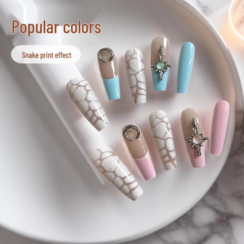 

Powder Blue Snake Print 3D Handmade French Nails with Star & Moon Design S
