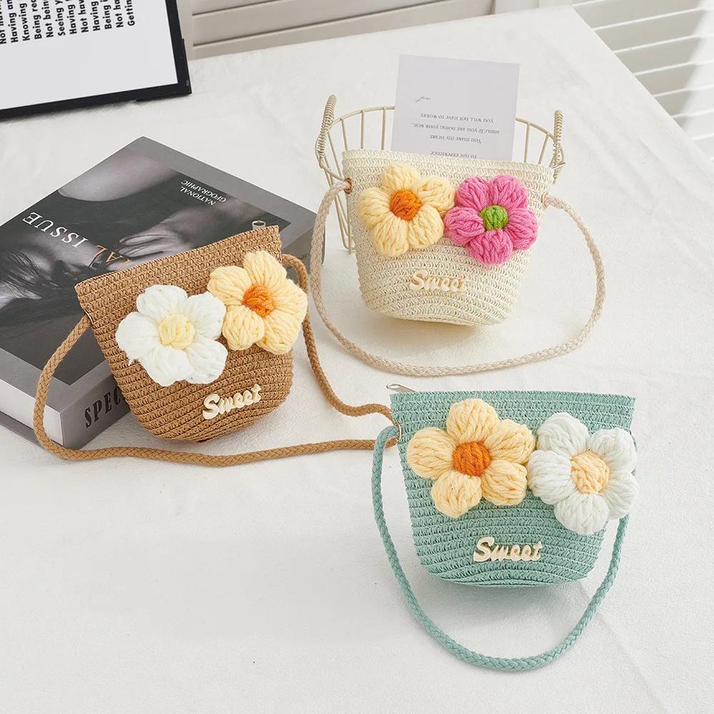 Summer Flower Baby Girls Straw Woven Shoulder Bags Outdoor Travel Kids Beach Crossbody Bucket Bag Casual Children Purse Handbags