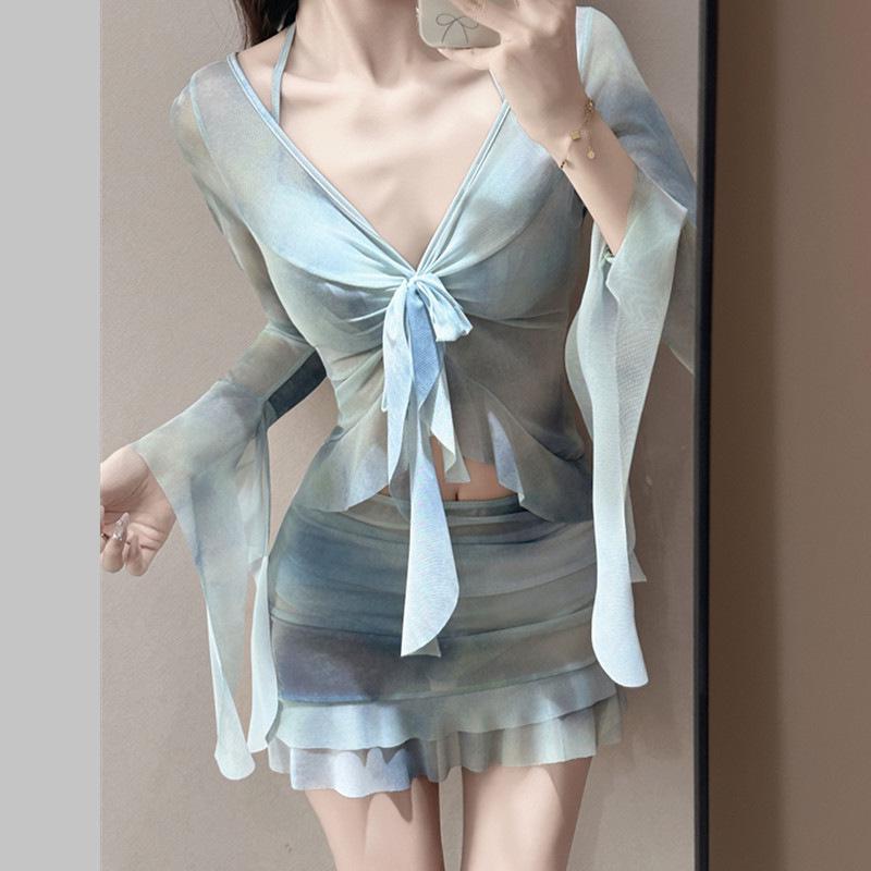Fairy Damen 2026 geteilter Rock Bikini: Sexy Vierteiliger Langarm-Badeanzug
