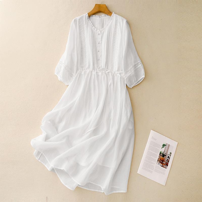 

White Cotton and Linen Artistic Long Flowing Travel Beach Skirt Dress M