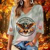 Women's Casual V-Neck Three-Quarter Sleeve Halloween Print Top
