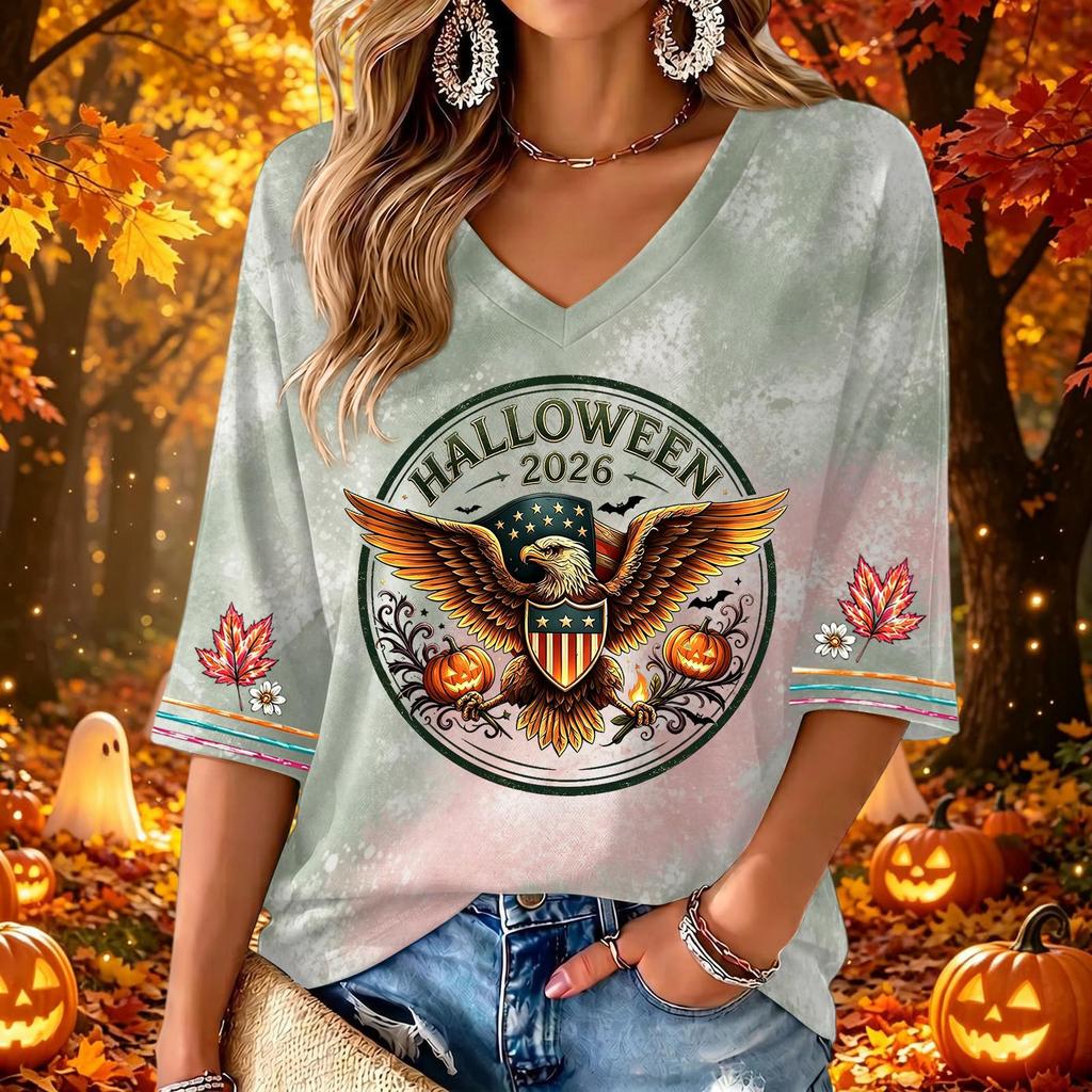 Women's Casual V-Neck Three-Quarter Sleeve Halloween Print Top