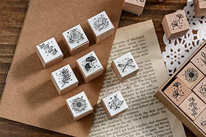 MissOrange Wooden Rubber Stamp Creative Stamp Set for Craft and Set, Moon, Flower, Leaf, Bowknot, Cards, Scrapbooking, Planners, 16-Piece Set, M-26
