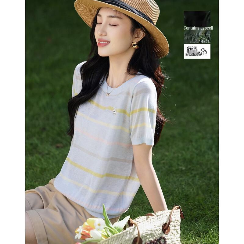 Women s Breathable Lyocell Striped Knit Short-Sleeve Top with Dog Embroidery M