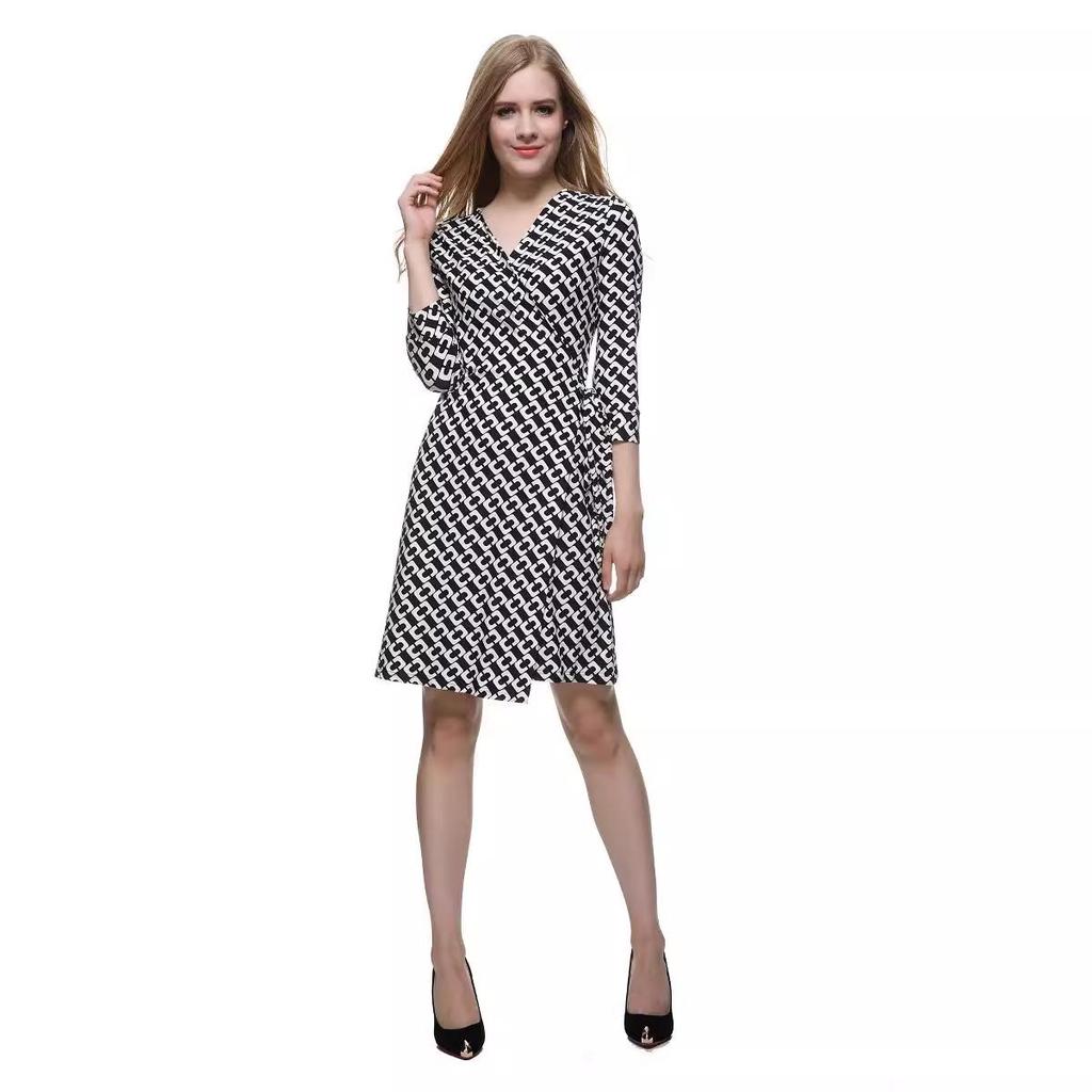 Women's Stand Collar High Waist Wrap Dress - Black & White, 3/4 Sleeve for Summer/Autumn