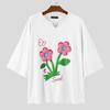INCERUN Oversized Men Round Neck Short Sleeve 3D Flower Print Stitching Casual Rib T-shirts Tops
