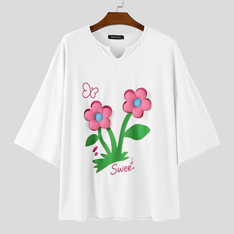 INCERUN Oversized Men Round Neck Short Sleeve 3D Flower Print Stitching Casual Rib T-shirts Tops