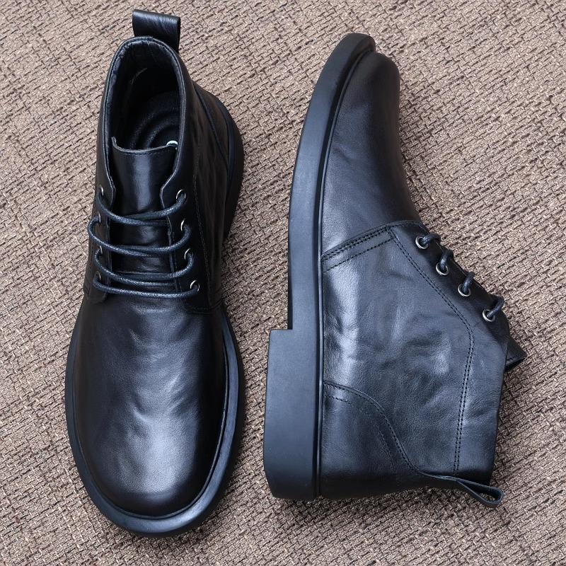 Leather shoes men's autumn lace up men's boots thick soled soft leather casual mid top winter suede boots