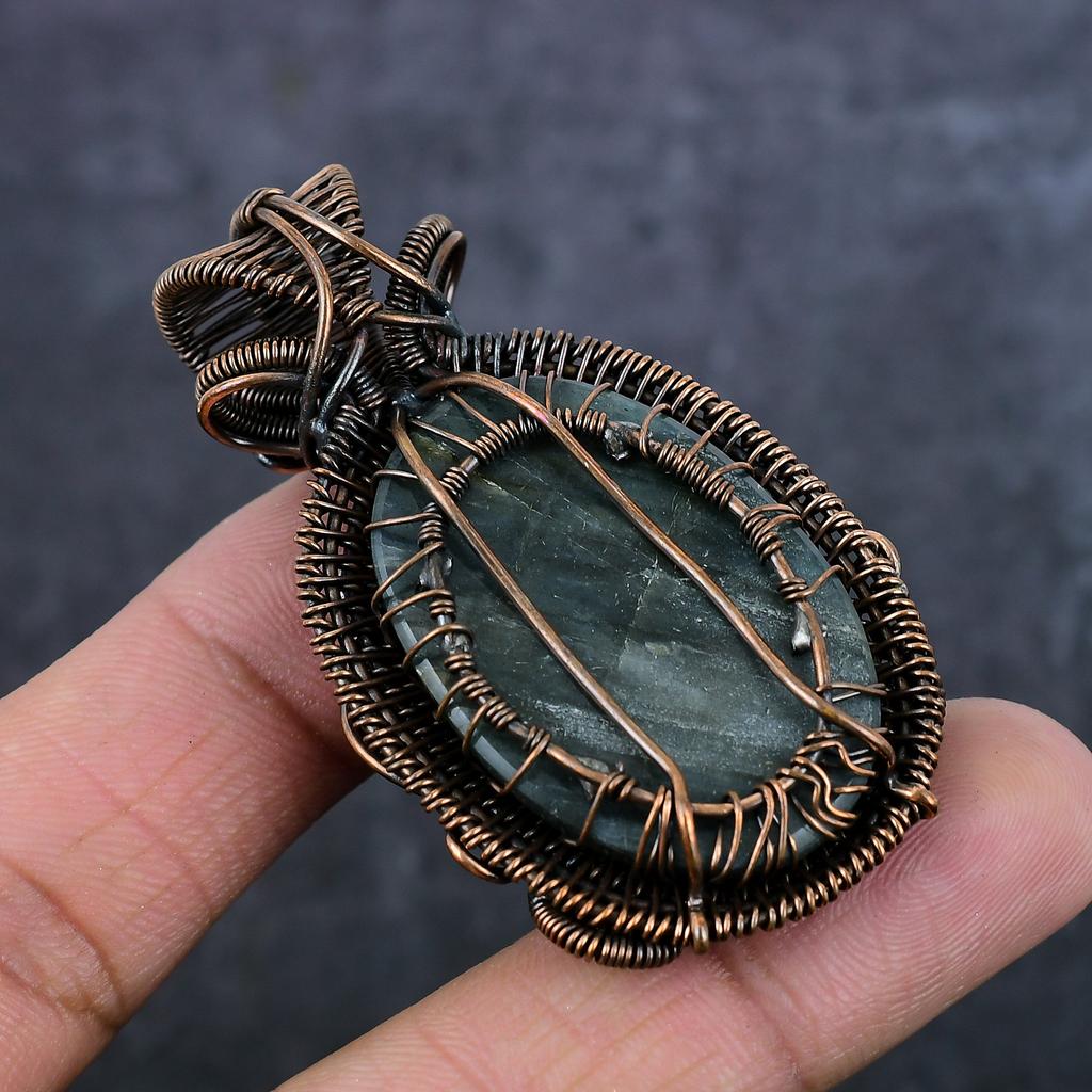 Natural Labradorite Gemstone Copper Wire Wrap Jewelry Pendant 2.44" L3F59