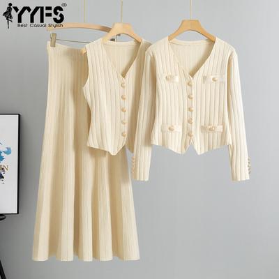 Damenmode Casual Volltonfarbe Druck Herbst Winter Langarm V-Ausschnitt Rock Anzüge