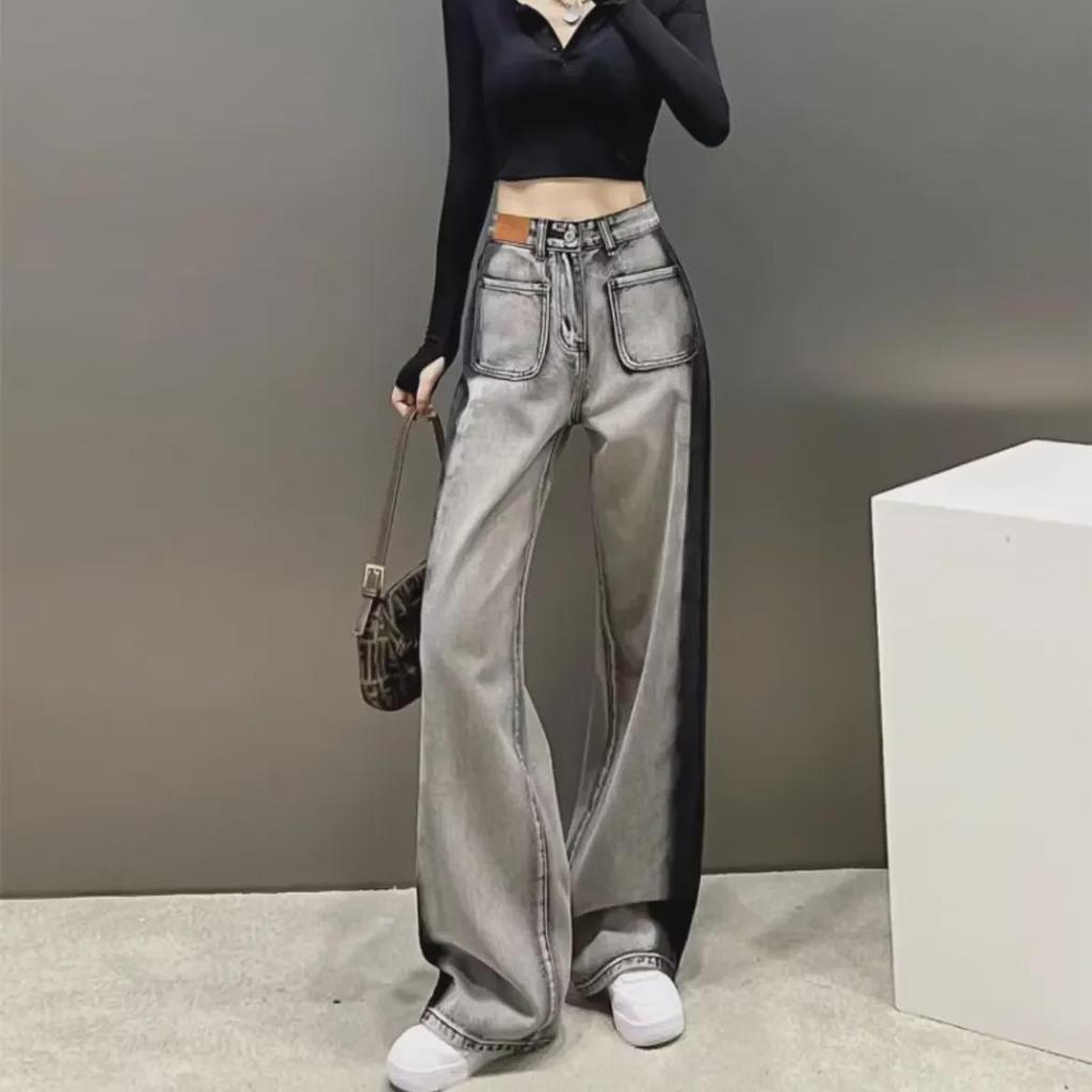 Women's Plus Size High Waist Color Block Wide Leg Jeans - American Design, Loose Fit, Floor-Length, Slimming