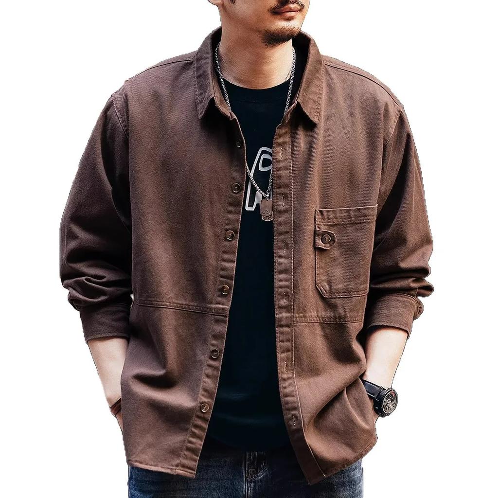 Men's Vintage Long Sleeve Work Shirt Casual Loose Button Down Cotton Shirts Big Size Retro Workwear Tops for Men