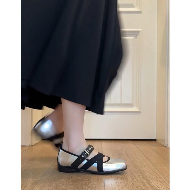 Sheepskin~ Silver French retro leather shoes versatile cross-strap Mary Jane shoes women's flat-bottomed light-mouth single shoes