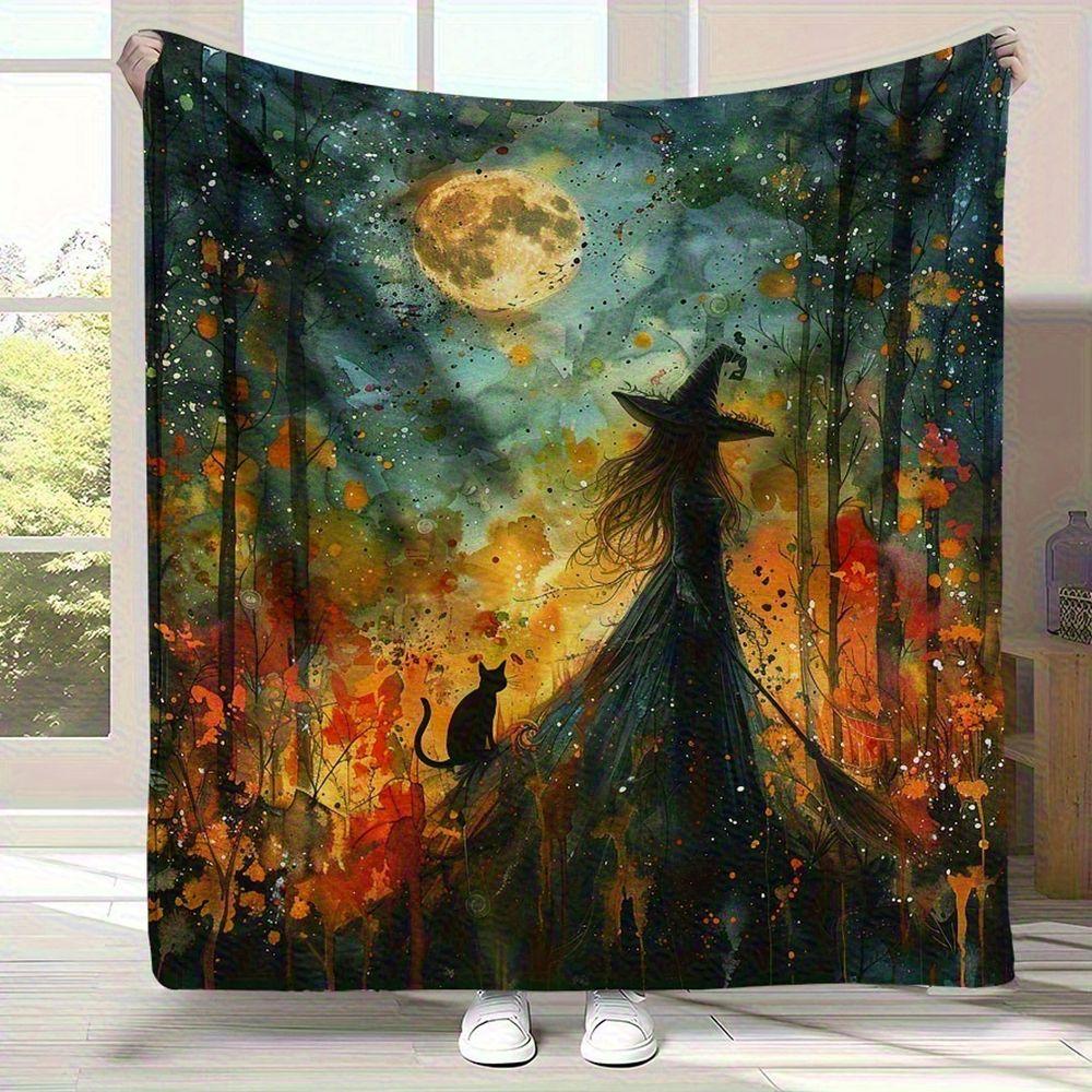 Watercolor Witch Moon Forest Art Flannel Throw Blanket Soft Cozy Bedding Decor, Lightweight Decorative Fleece Cover for Autumn Sofa Couch Home