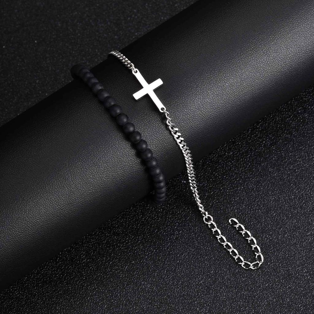 2 Stück/Set Kreuzkettenarmband für Herren, Lässiges Schwarzes Natürlicher Stein Perlenverstellbares Armband, Schmuckgeschenk für Ehemann Papa BBF