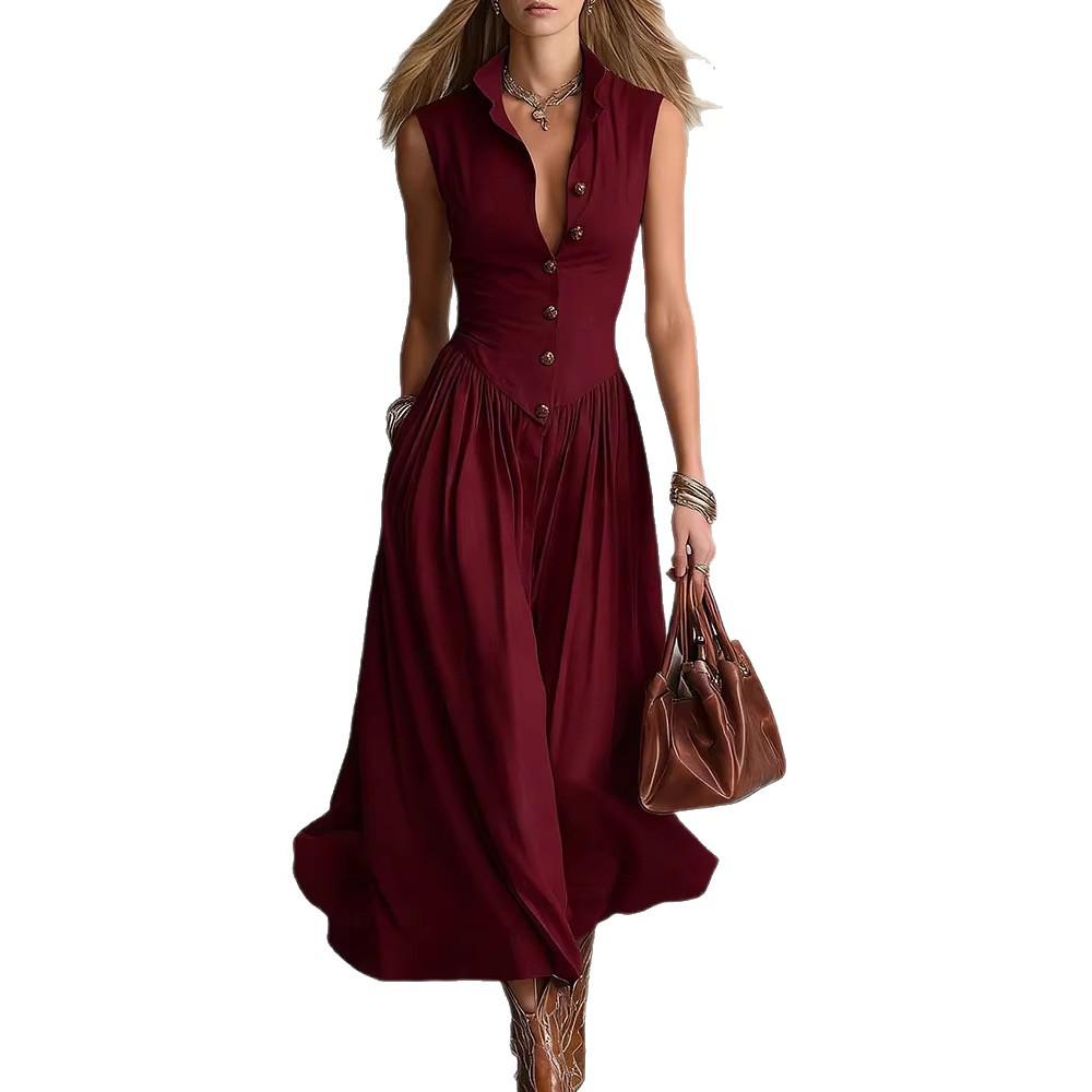 Spring 2026 French Style Elegant Slimming Lapel Multi-Button Long Dress for Women