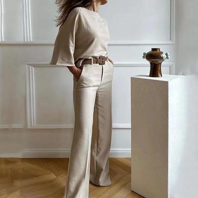 2023 European & American Summer Batwing Sleeve Top with Micro Flared Suit Pants Set.