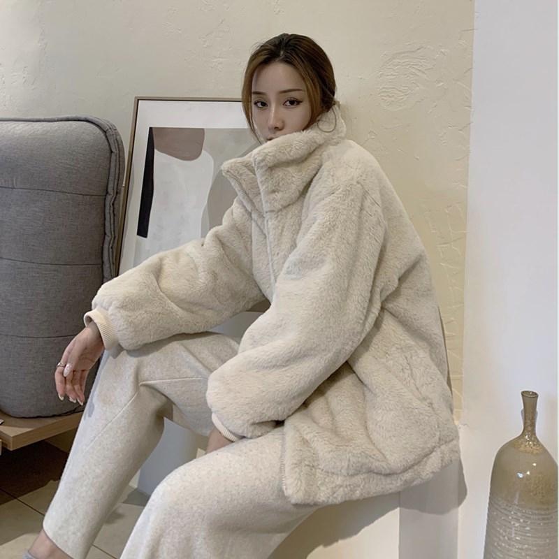 Imitation rabbit fur warm women's winter loose stand-up collar thickened cotton plush top jacket