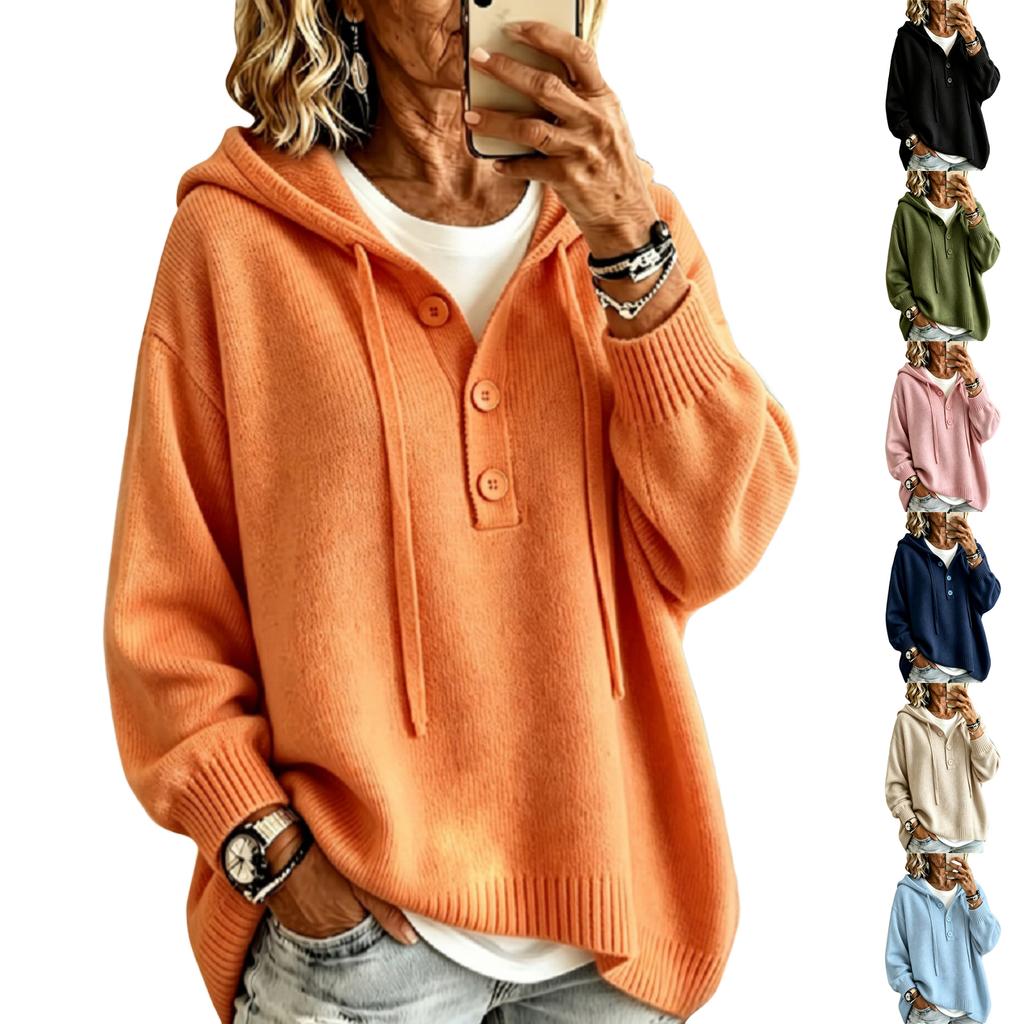 Women's Color Long Sleeve Hooded Button Loose Sweater Top