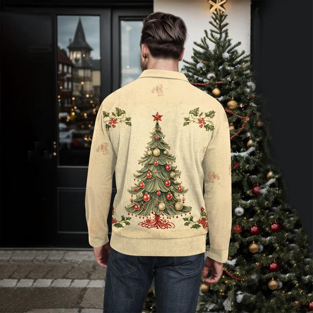 Men's Christmas Cotton Pullover Long Sleeve Outdoor Shirt Vintage Corduroy Button Stand Collar Shirt Casual Sweatshirt Christmas Print Top