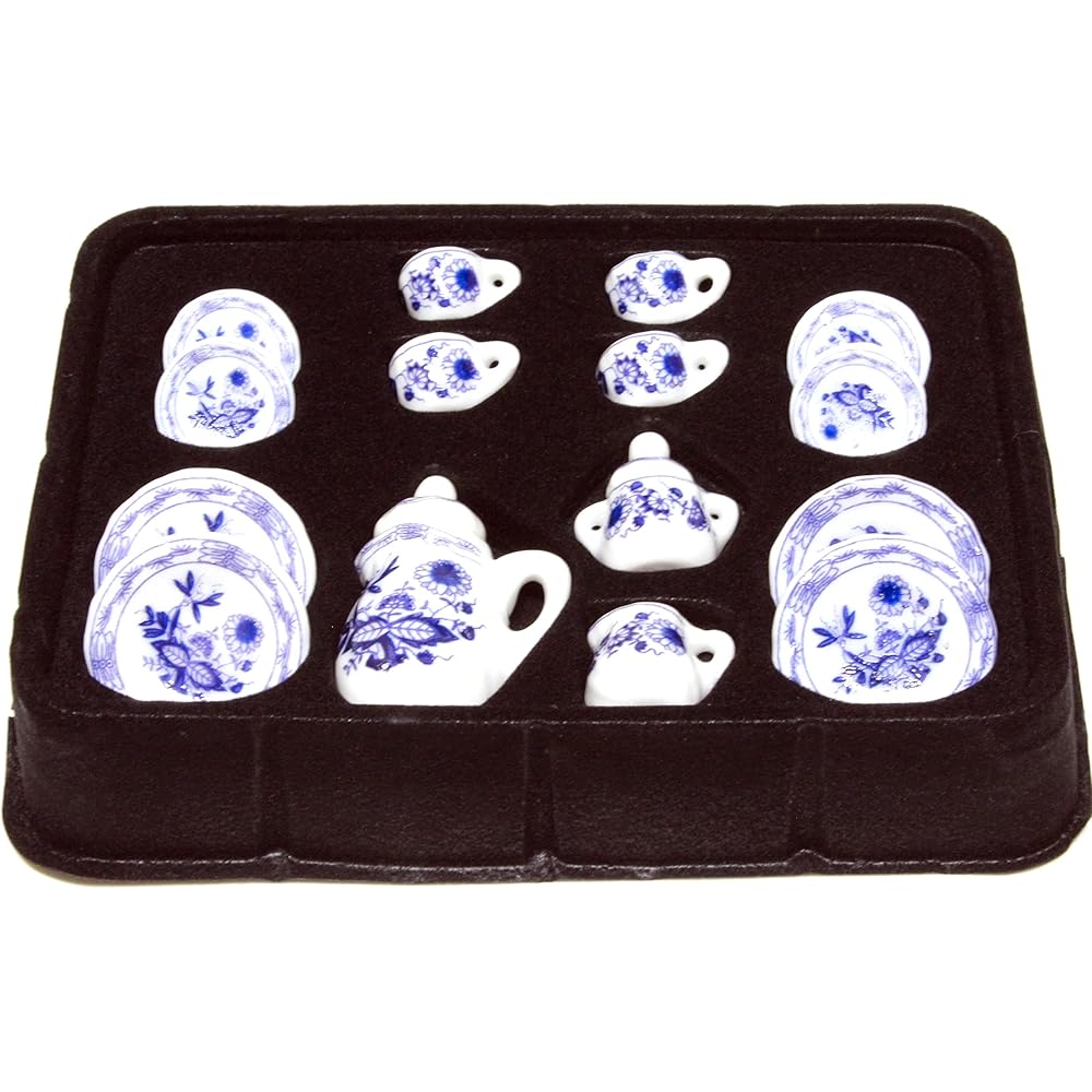 Miniature Decorative Tea Set for Dollhouse Blue Cup Saucer Pot