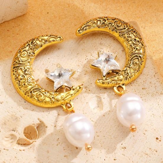 1 Pair Women Earrings Ear Pin Structure Star Moon Design Drop Earrings with Imitation Pearl Pendants Jewelry Set