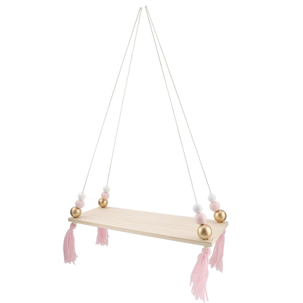 Wall Hanging Round Beads Shelf Storage Rack DIY Home Wall Hanging Decor (Pink Gold)