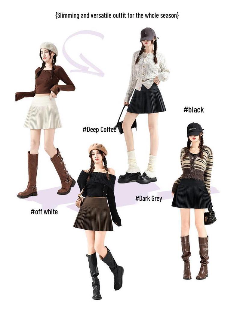 Apricot A-line Woolen Skirt: Safety Shorts, Zipper, Pleated, High-Waisted, Autumn/Winter Thickened Academy Style for Women.