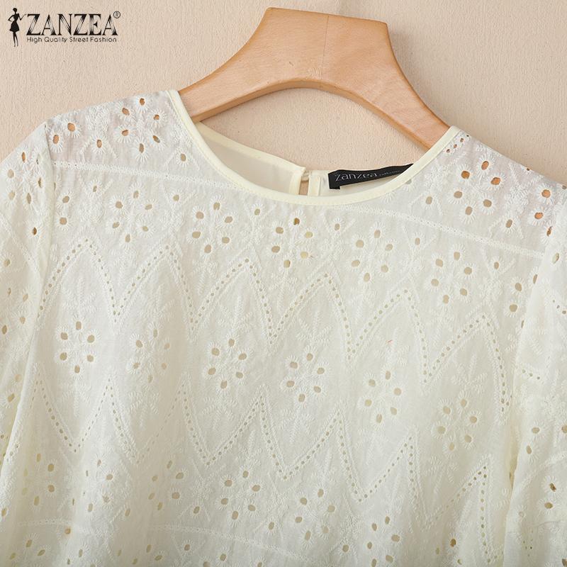 ZANZEA Women Casual Round Neck Short Sleeve Embroidery Crochet Patchwork Blouse