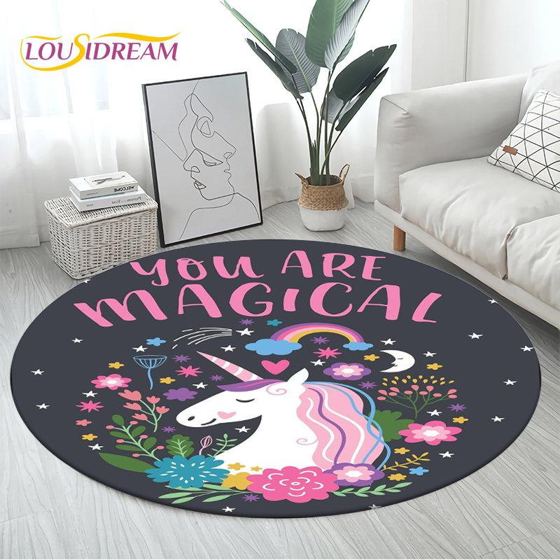 3D Cartoon Cute Unicorn Area Rug Large,Round Carpet Rug for Living Room Bedroom Sofa Decoration,Children Play Non-slip Floor Mat
