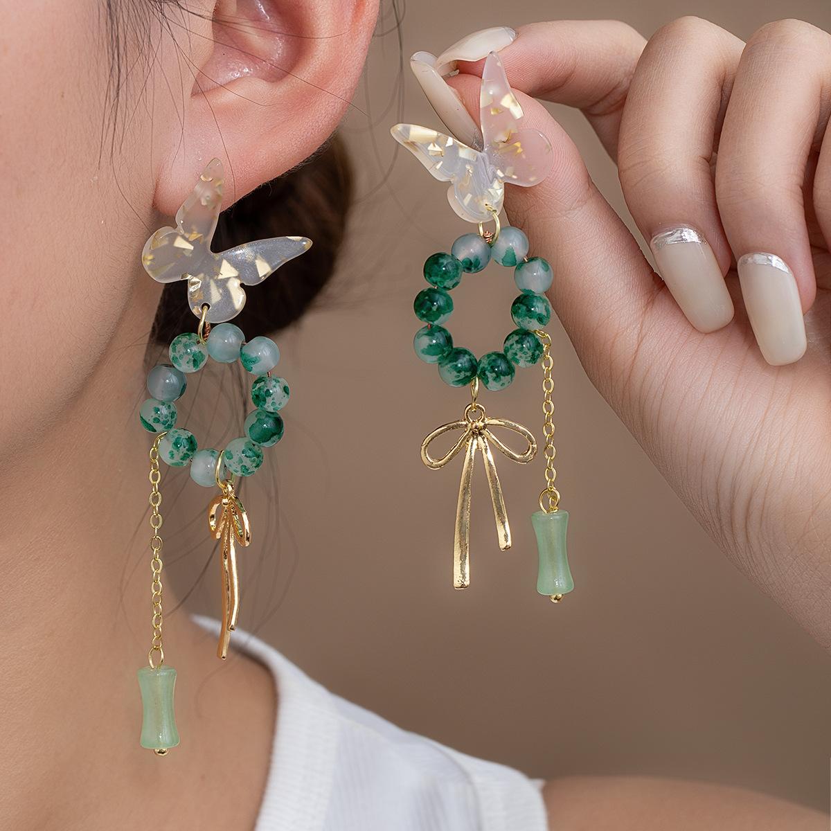 National Style Dark Green Beaded Bamboo Joint Fringed Butterfly Earrings Elegant And Advanced Cheongsam Accessories Earrings