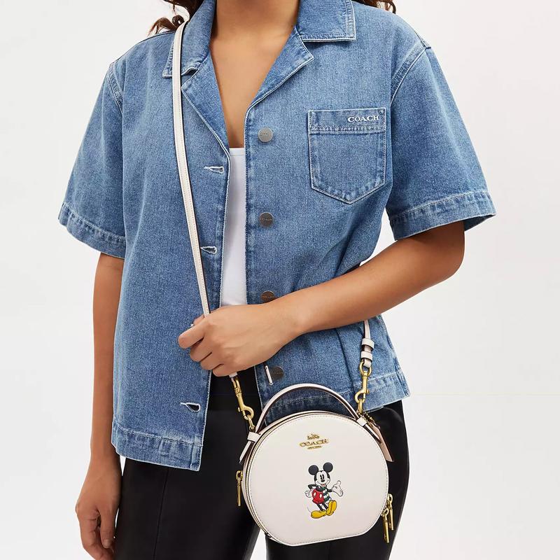 Coach Joint Model Canteen Metal Logo Letters Fun Printed Zipper Closure Cow Leather Portable Shoulder Crossbody Bag Small Size Women's Milk White