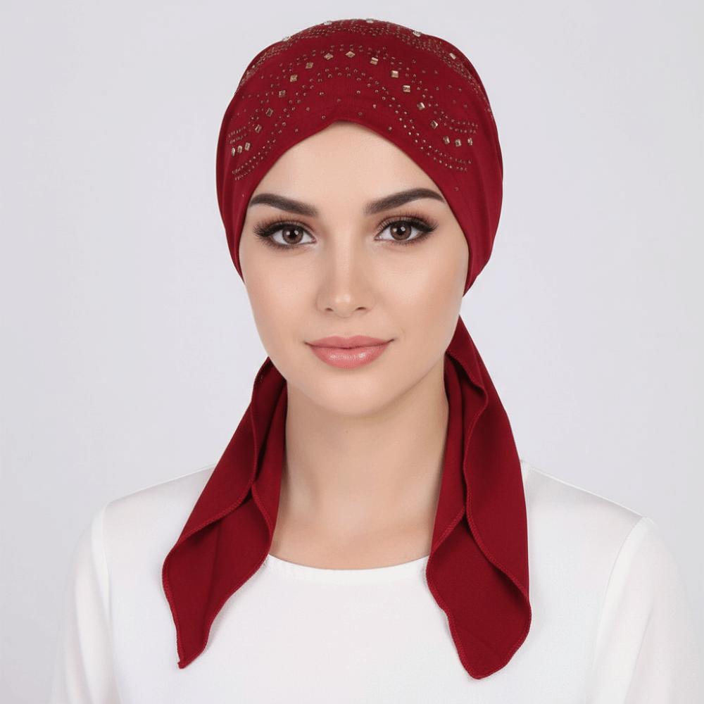 Soft Elastic Muslim Headscarf Hat Solid Color Rhinestone Hijab Caps Ramadan