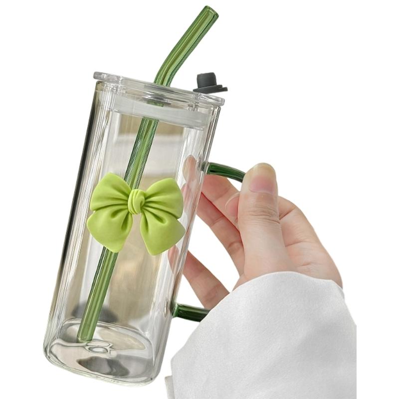 400ml quadratischer Glasbecher mit Strohhalm und Schleifenakzent Hitzebeständiger Wasserbecher für verschiedene Getränke
