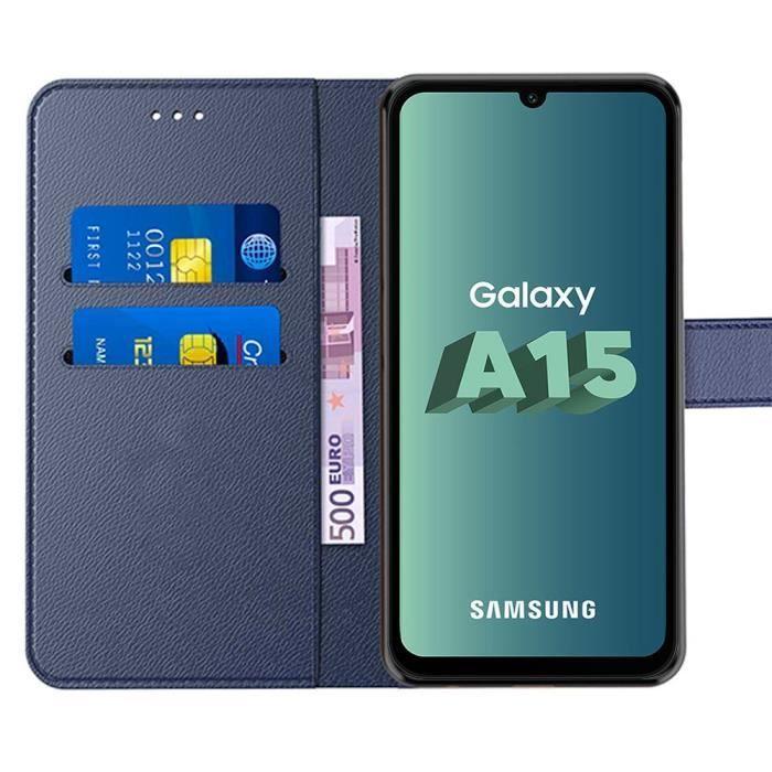 Coque + 2 Verres Trempés pour Samsung Galaxy A15 5G-4G, Cuir PU avec Fentes pour Cartes et Fonction de Support Bleu Marine
