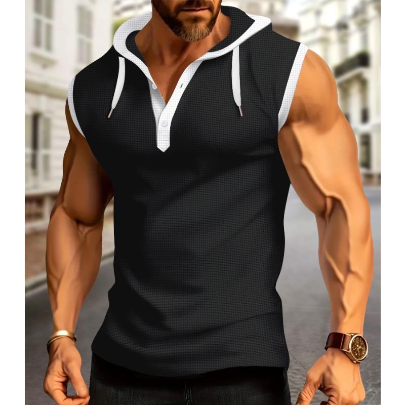 Summer Fashion Plaid Short Sleeved Hooded Zipper Cardigan T-shirt Men's Sleeveless T-shirt Men's Top