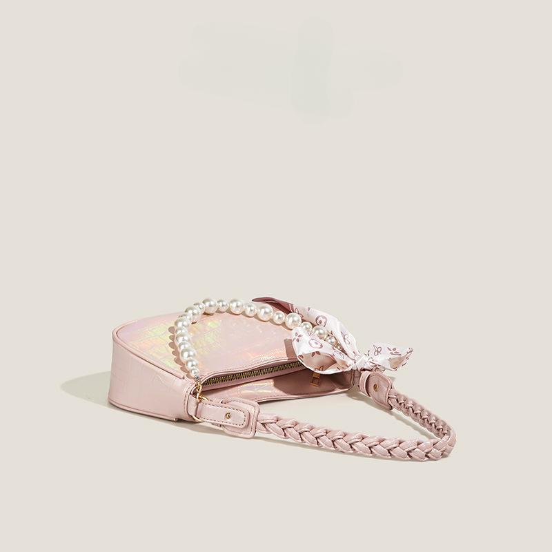 Ins Style Shining Ladies Shoulder Bag Pink White Color PU Leather Underarm Bag Fashion Women Crossbody Bags Pearl Chain Handbags